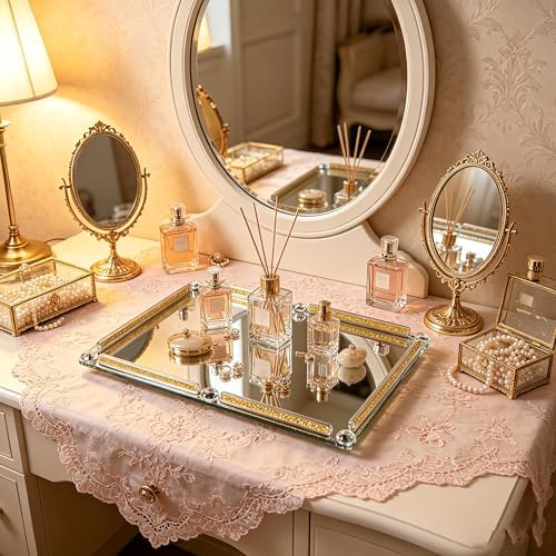Large Mirror Perfume Tray for Dresser,Gold Crushed Diamond Filled