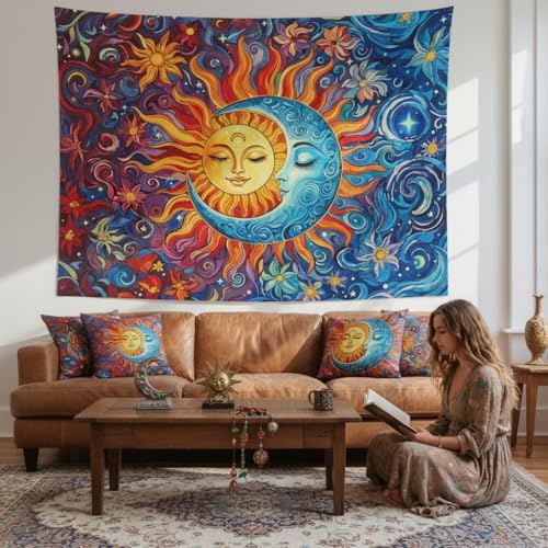 Accnicc Sun and Moon Tapestry Boho Hippie Orange Red Blue Floral Tapestry for Bedroom Aesthetic Abstract Plant Flowers Stars Small Tapestries Wall Hanging for Living Room Dorm 90 x 68 Inch