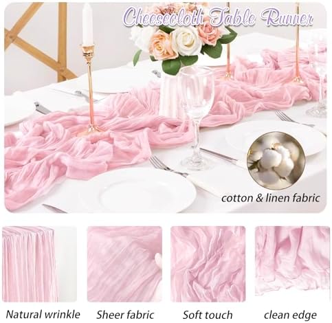 Pink Cheesecloth Table Runner 2 Pack 35" Boho Gauze Runner 120 inches Long Runner Rustic Sheer Fabric Bulk for Boho Baby Shower Wedding Bridal Birthday Party Table Decorations