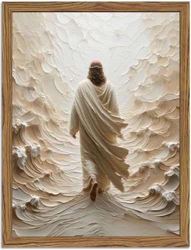 Jesus Walking on Water Wall Art, Frame 3D Textured Hand Drawn Sandstone Christian Wall Decor Paintings, Religious Spiritual Pictures for Living Prayer Room Bedroom 12x16 inch Wood Framed