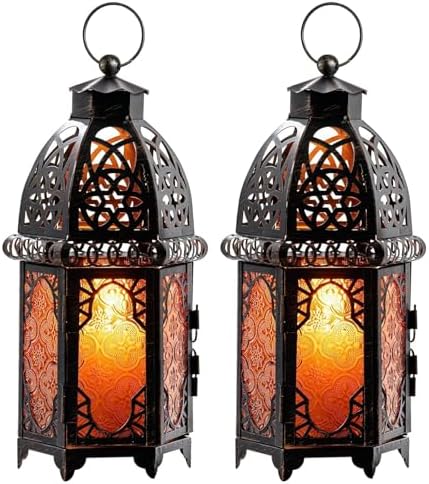 NEEDOMO Set of 2 Hanging Moroccan Lantern, 12.8'' Vintage Candle Holder, Metal Lanterns Decorative Indoor Outdoor, Table, Patio, Porch, Shelf, Ramadan Decorations (Amber)