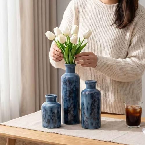 Blue Ceramic Flower Vase Set of 3, Modern Farmhouse Country Costal Vase for Home Decor, Decorative Vase for Table Entryway Mantel Fireplace Centerpieces Living Room Bathroom Decor(Cobalt Blue)