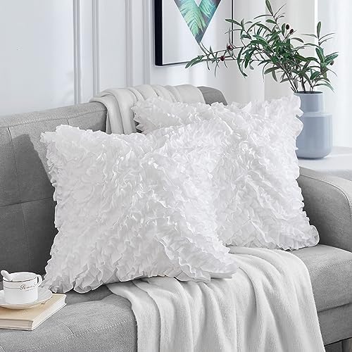 Leeden Throw Pillow Covers (Set of 2), 3D Design Handmade Cute Ruffles Pillowcase, Christmas Decorative Cushion Cover for Sofa Couch Bedroom Living Room, 16 x 16 inch, White