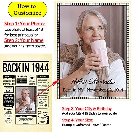 Personalized 81 year old birthday gifts - Back in 1944 Poster - Centerpiece Table Decorations 81st Birthday Party - Custom Born in 1944 Newspaper Vintage Poster for Men, Women
