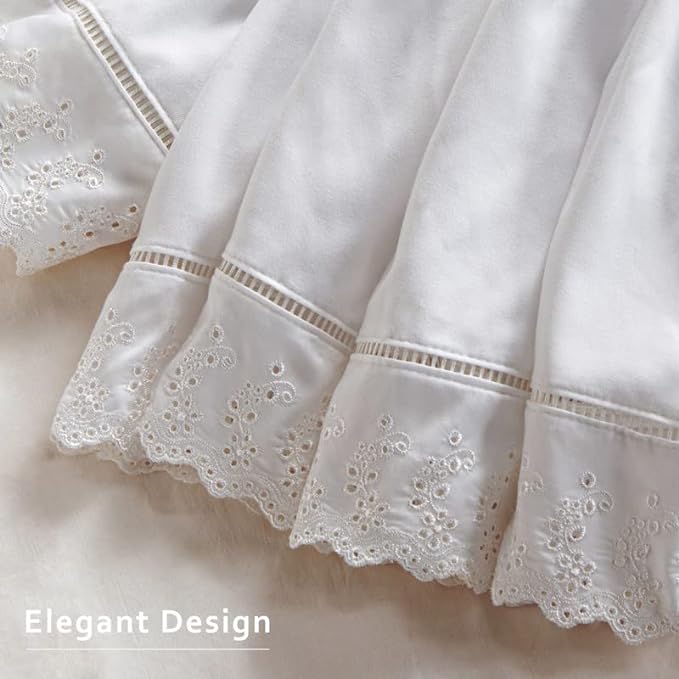 MIYE Wrap Around Ruffled Lace Bed Skirt, Elastic Dust Ruffle with Adjustable Belts, Easy to Put On, Bed Frame Cover, Machine Washable (Embroidered/White, King/Queen-22 Drop)