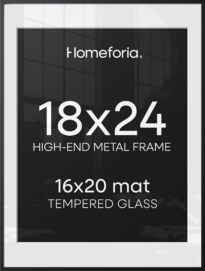 Homeforia 18x24 Black Poster Frame, High-End Metal, 16x20 Mat, Glass
