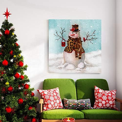 Renditions Gallery Canvas Wall Art Paintings & Prints Snowwoman with Hat & Cardinal in Winter Snow Abstract Hanging Artwork for Bedroom Home Kitchen Wall Decorations - 40"X40" LT05