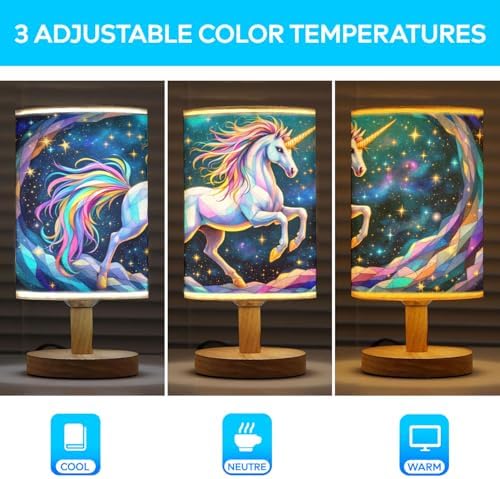 Unicorn Table Lamp LED 3-Color Pressed Bedside, Unicorn Shade Lamp with Wood Base for Bedroom Living Room Desk Office TL01