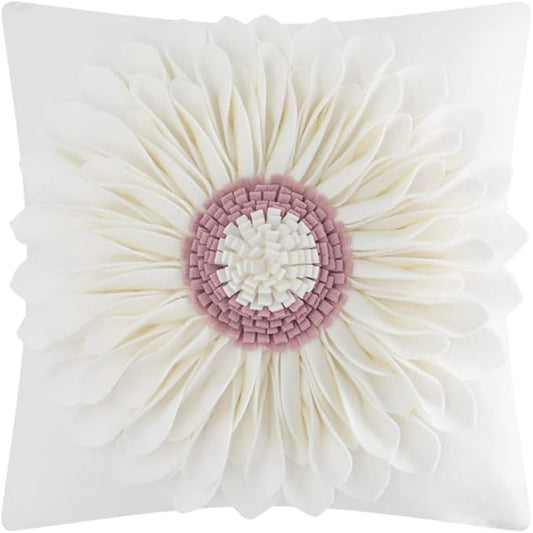 OiseauVoler Decorative 3D Flower Throw Pillow Covers Handmade Cushion Cover Cases for Couch Bed Living Room Farmhouse Home Decor 18 x 18 Inch Cream White