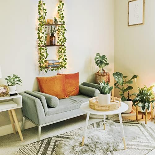 Hanging Shelf with Vine Lights(USB Powered), Macrame Shelf, Wall Shelf with Handmade Ropes, 3 Tier Floating Shelf, Boho Room Decor Aesthetic for Succulents, Bedroom, Living Room, Bathroom