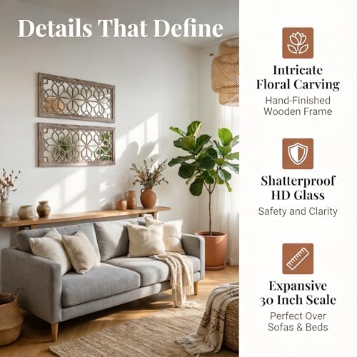Set of 2 13x30 Inch Large Brown Shatterproof Carved Floral Wood Frame Wall Mirrors, Boho Farmhouse Rustic Accent Mirrors for Living Room Bedroom Bathroom & Home Decor