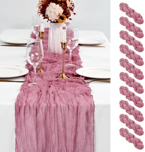 10 Pack Dusty Rose Table Runner 10Ft Cheesecloth Table Runner Boho Gauze Table Runners Romantic Long Sheer Fabric Cheese Cloth Table Runners for Wedding Party Bridal Shower(Dusty Rose)