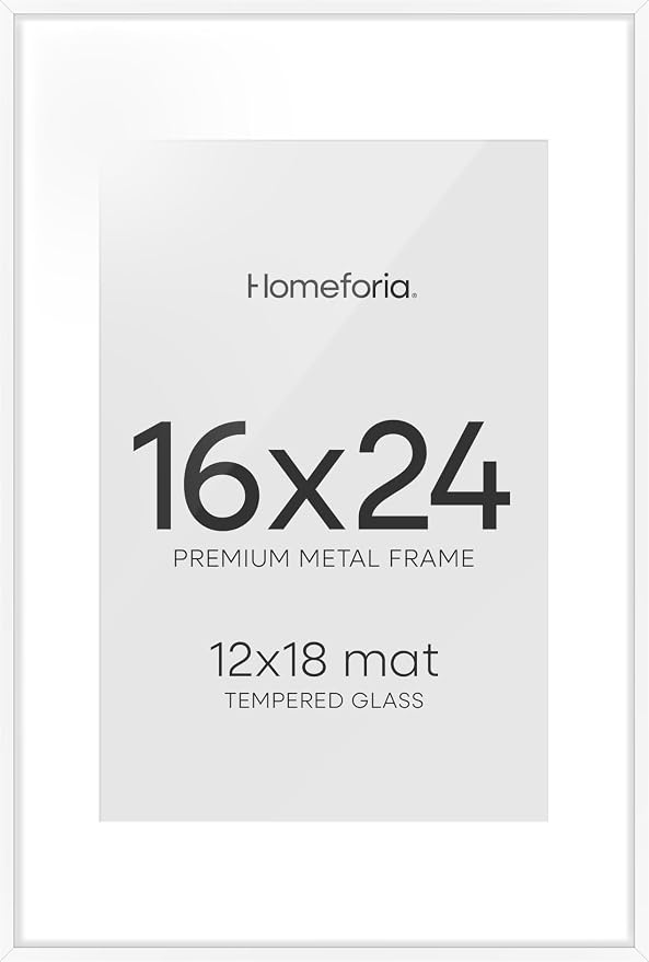 Homeforia 16x24 White Picture Frame, High-End Metal, 12x18 Mat, Glass