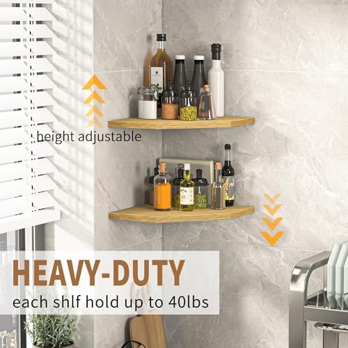 Corner Shelf Wall Mount, Floating Corner Shelves, Set of 2 Corner Wall Shelf Organizer, Rustic Wood Wall Storage Display Shelves for Living Room Bedroom Bathroom Kitchen, Rustic Brown, Oak