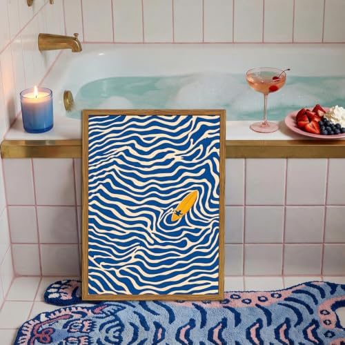Framed Blue Coastal Surfboard Wall Art, Abstract Beach Surf Pictures Wall Decor, Summer Ocean Wave Paintings Canvas Prints Beachy Home Decor for Bathroom Bedroom Living Room 12x16 inch