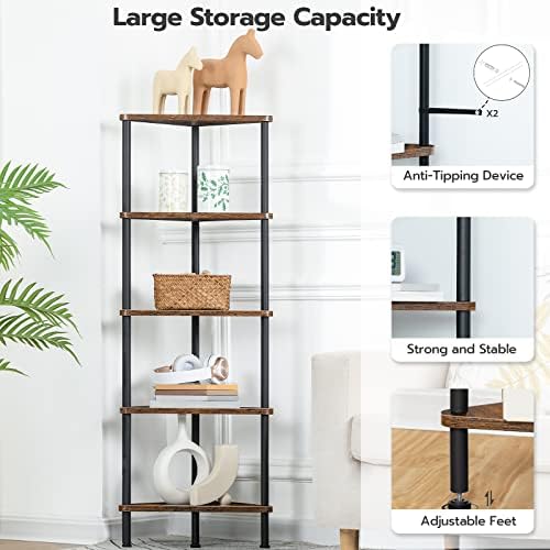 HOOBRO Corner Shelf Stand, Industrial 5-Tier Corner Bookshelf with Metal Frame, Plant Display Shelf, Small Bookcase for Small Spaces, Bedroom, Living Room, Rustic Brown BF33CJ01