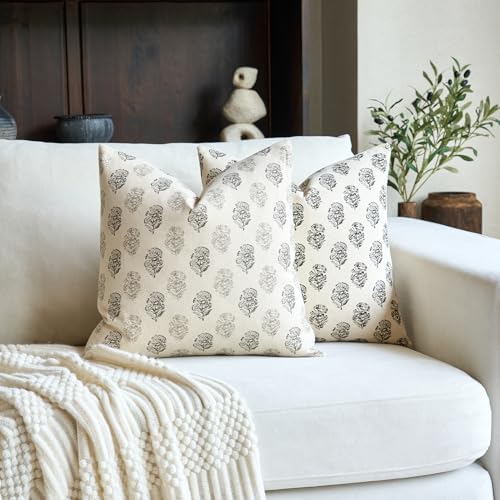FIOUOVO Floral Throw Pillow Covers 20x20 Pillow Cover Vintage Accent Block Print Decorative Cushion Covers Farmhouse Home Décor for Sofa Couch Living Room Bedroom, 1PC, Light Taupe