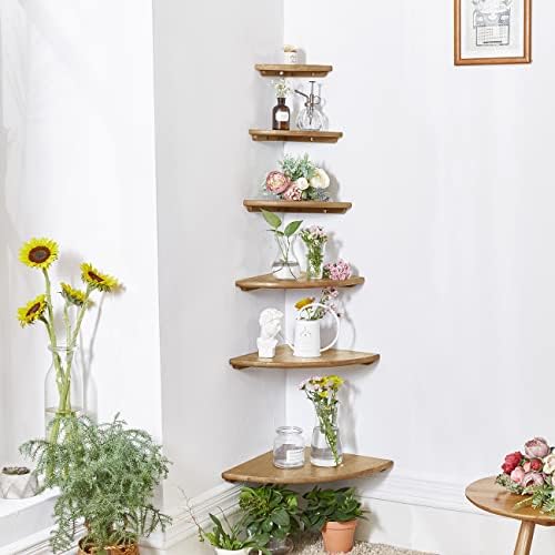 Corner Shelf, 12inch Solid Oak Wood Floating Corner Shelves Wall Mount Round End Floating Speaker Shelf with Wire Hole for Small Plant Photo Frame for Bedroom Kitchen, Living Room