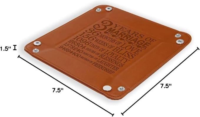Kate Posh - 3 Years of Marriage Engraved Leather Catchall Valet Tray, Our 3rd Wedding Anniversary, 3 Years as Husband & Wife, Gifts for Her, for Him, for Couples (Rawhide)
