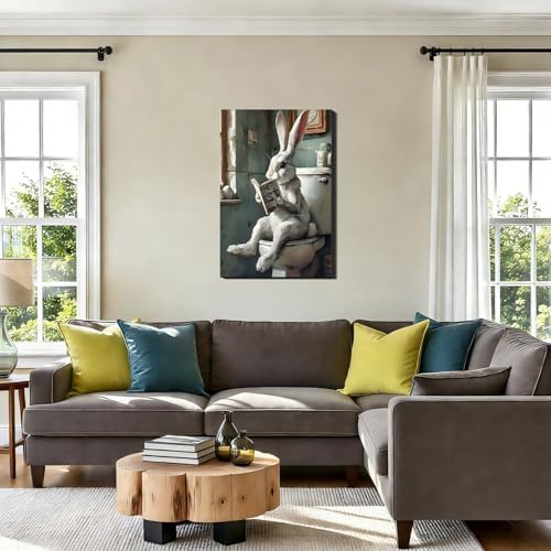 Oversize Whimsical Easter Bunny Reading on Toilet Canvas Art, Unique Framed Rabbit Wall Decor for Bathroom, Retro Easter Paintings Prints for Home Wall Decoration, 24x36 In
