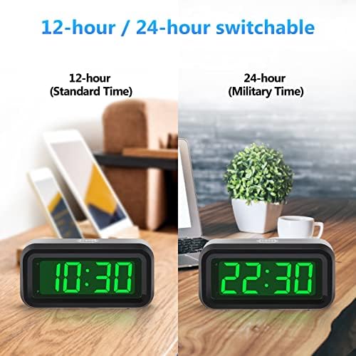 Digital Alarm Clock Battery Operated with LED Display for Bedrooms, Long Battery Life for 12 Months, 3 Brightness Adjustable, 12/24 Hour, Snooze, Black Case with Green Digits
