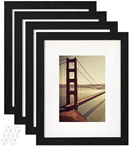 BAIJIALI 8x10 Picture Frame Black Wood Pattern Set of 4 with Tempered Glass,Display Pictures 5x7 with Mat or 8x10 Without Mat, Horizontal and Vertical Formats for Wall and Table Mounting