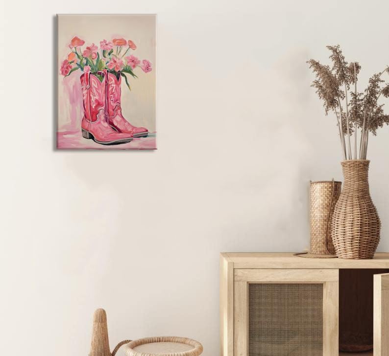 Julaydi Floral Cowgirl Boots Wall Art Pink Cowboy Boots with Flower Painting Western Aesthetic Canvas Prints Poster Trendy Preppy Girls Room Decor Picture for Living Room Bedroom Dorm 16x24in Framed
