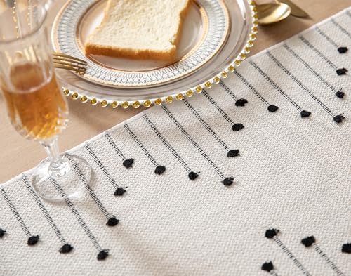 Boho Table Runner 13 x 48 Inch Long Natural Cotton Woven Runner with Tassels for Home Dining Table décor, for Modern Farmhouse Decor Coffee Table Runner, Black and Beige
