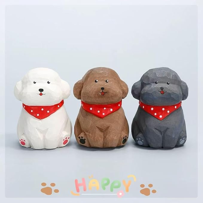Hand-Carved Wooden Gray Teddy Dog Figurine, 2.7" Gray Puppy Statue with Base for Car Dashboard, Desk & Home Decor, Gift for Dog Lovers