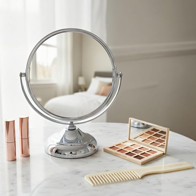 Jerdon 5.5" Tabletop Makeup Mirror - 5X Magnification - Chrome - MC247C | Two-Sided 1X View, 7.5" Tall