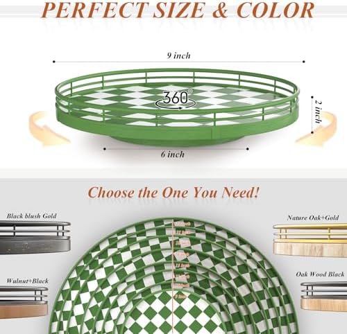 Green and White Checkerboard Lazy Susan with Rubberwood Base and Metal Rail