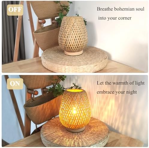 Rattan Table Lamp, Vintage Wicker Wooden Nightstand Lamp with Dimmable & Timer Function, Boho Bamboo Woven Desk Lamps for Bedroom Living Room Kids Room, 2700K T45 LED Bulb Included
