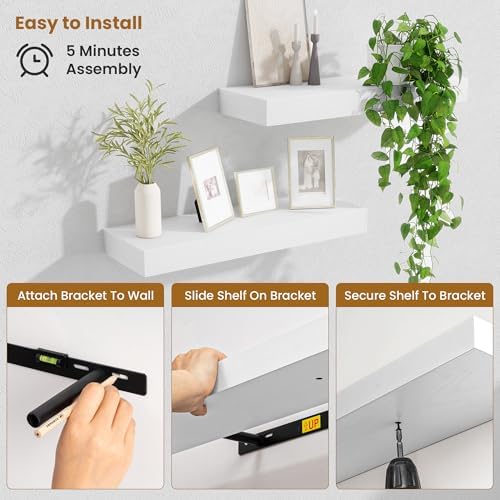 Fun Memories Floating Shelves Bathroom for Wall Mounted Shelves, 20 Inch Wood Shelf Set of 2, Home Storage & Display Decor, White