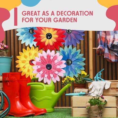 Zhehao 6 Pcs Metal Flower Wall Art Decor 10 Inch Sunflower Wall Decorations Hanging Outdoor Art Multicolored Handmade Metal Flowers Outdoor Decor(Cute Color)