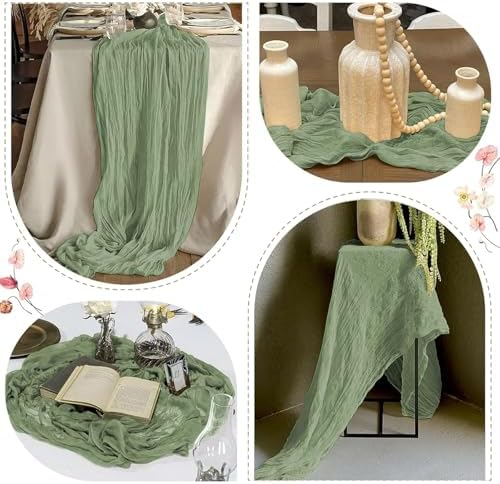 12 Pack Sage Green Cheesecloth Table Runner 17 x 108 Inch Gauze Table Runner Fabric Semi Sheer Cheese Cloth Table Decor Bulk for Rustic Romantic Wedding Baby Shower Table Decoration