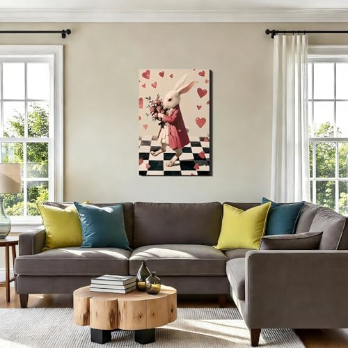 Whimsical Easter Bunny Canvas Art 8x12, Romantic Framed Rabbit Picture for Hallway, Bedroom, Light Spring Heart Pictures for Easter Dinning Room Home Wall Decoration
