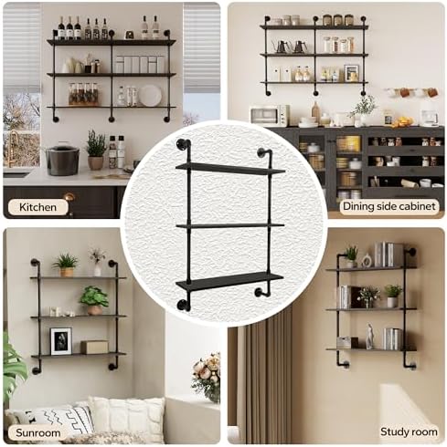 3-Tier Industrial Pipe Floating Shelf – Rustic 30 inch Wood Wall-Mounted Storage Shelf for Kitchen Office,Bathroom & Home Decor -Black