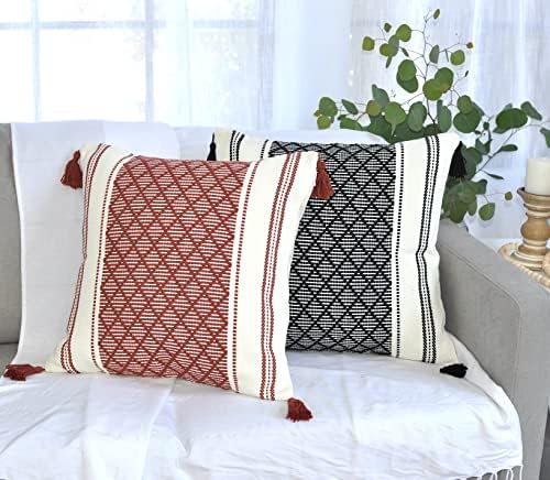 Geometric Checkered Pattern Throw Pillow Covers with Boho Tassels Rust Brown18x18 inch -Set of 2 / Decorative Cushion Covers for Couch Sofa Indoor Outdoor/Farmhouse Woven Pillow Cases