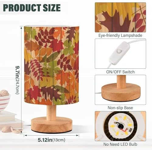 Table Lamp Colorful Autumn Leaves Vintage Wooden Pattern Nightstand Lamp with Wood Base Fabric Lamp Shade Bedside Desk Lamp for Living Room Bedroom Kids Room Office