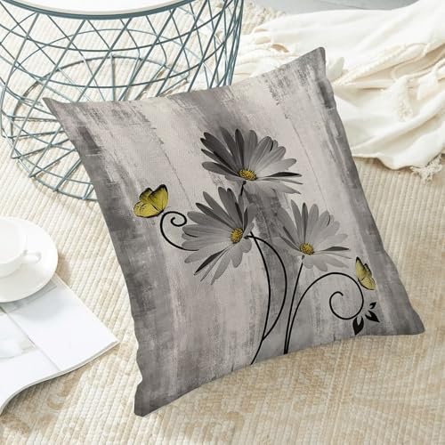 Grey Yellow Floral Pillow Covers 18 x 18 Inch Set of 2 Daisy Floral Butterfly Decorative Throw Pillow Covers Linen Rustic Farmhouse Cushion Cases for Home Sofa Couch Living Room Decor