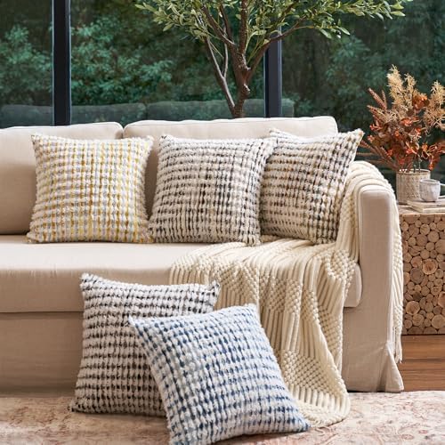 Aeckself Boho Chenille Tufted Pillow Cover 20x20 Inch, Decorative Square Throw Pillow Cover Neutral Pillowcase for Couch Bedroom Living Room, Blue White