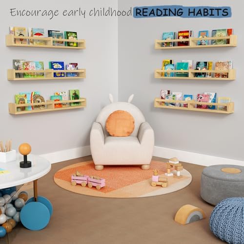 Harwaya Floating Nursery Book Shelves for Wall, 32 Inch Long Bookshelf for Kids Room, Wooden Large Wall Shelf with Hanging Rod for Baby Toddler Child Bedroom (3-Pack, Natural Wood)