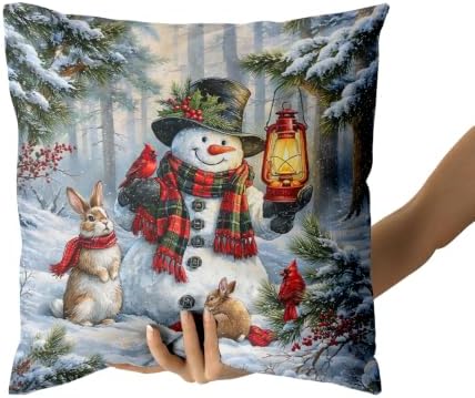 Giwawa 2PCs Snowman Throw Pillow Covers, 20"x20" Winter Snowy Trees Red Birds Rabbits Decorative Cotton Pillow Cases, Rustic Xmas Square Cushion Cover for Sofa Couch Living Room Holiday