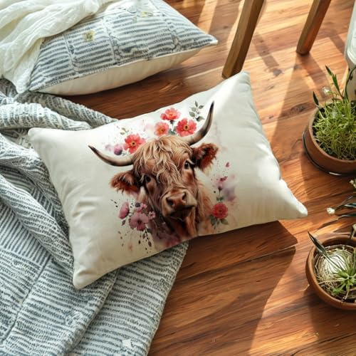 Highland Cow Decorative Throw Pillow Covers with Floral 12x20 Inch Farmhouse Scottish Cattle Boho Farm Animal Cushion Cover Spring Summer Cows Flowers Lumbar Pillowcase 2Pack for Couch Sofa