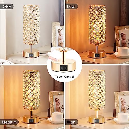 Hong-in Gold Crystal Touch Lamp for Bedroom with USB-C/A, Bulb Included