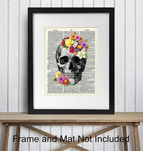 Floral Skull Dictionary Wall Art Decor Anatomy Print - 8x10 Upcycled Vintage Home Decoration for Bedroom, Bathroom - Unique Shabby Chic Gift for Steampunk, Goth Fans, Women - Unframed