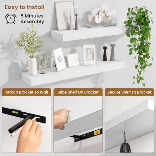 Fun Memories Floating Shelves 30 Inch, Wall Mounted Wood Shelf Set of 2, Farmhouse Decor for Bathroom, Bedroom, Kitchen, Living Room, White