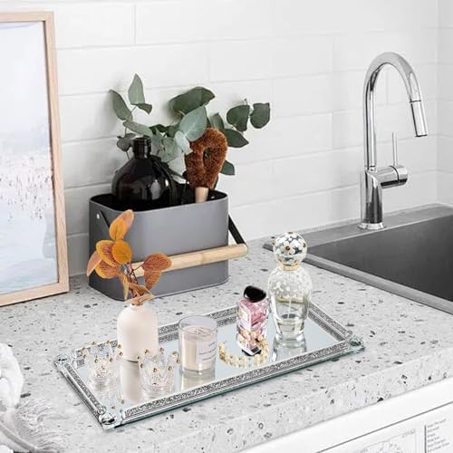 Mirror Perfume Tray for Dresser,Silver Crushed Diamond Filled