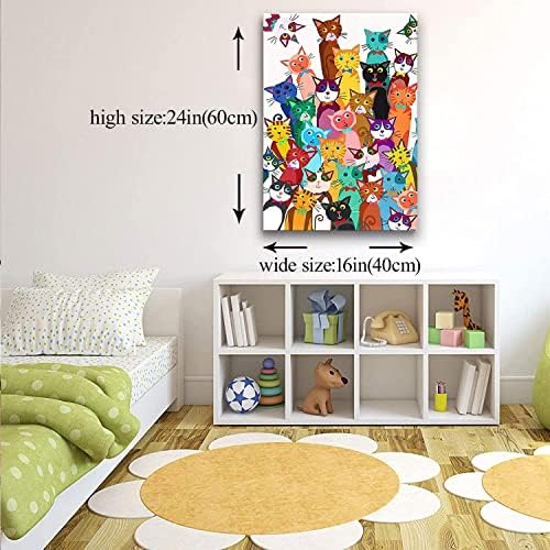 Riveda Funny Colorful Cat Bathroom Wall Art Cute Cartoon Kitty Canvas Print | Framed Cat Poster Palyful Animal Picture Wall Decor for Bathroom Kids Bedroom Nursery Playroom 16x24 Inches