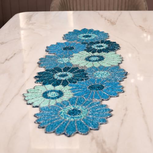 Beaded Runner 36 inch - 13x36 Inch Glass Beads & Polyester Beaded Runners Durable, Stain -Resistant Home & Outdoor , Special Occasions, Dining - Decorative Centerpiece Accent(Blue) - ALPHA Living HOME